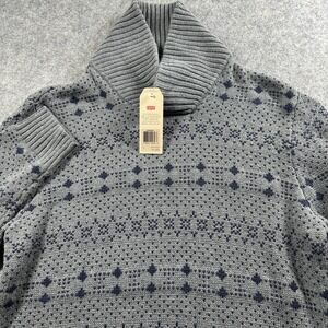 Levi's Shawl Neck Sweater Mens Large Gray Navy Fair Isle Knit Pullover NEW
